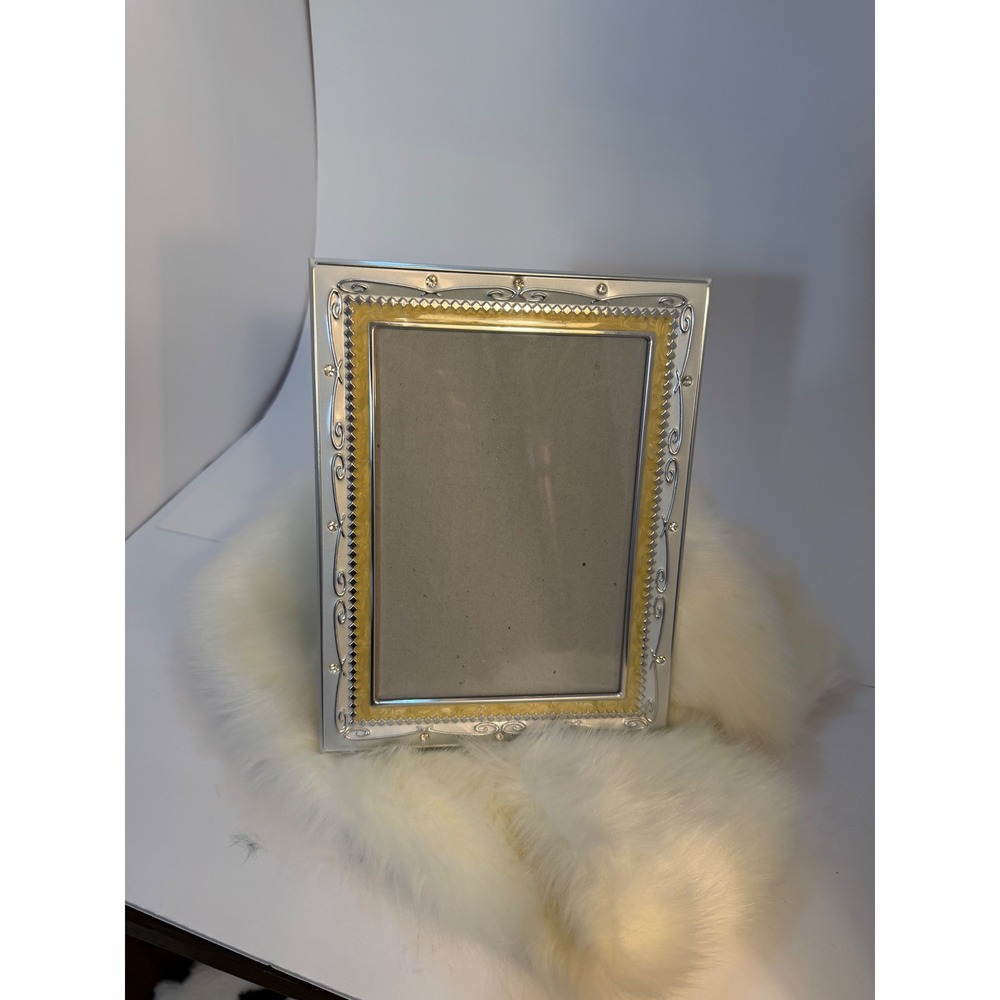 Silver Tone Rhinestone Enamel 5x7 Picture Frame Yellow Marbled Border Tabletop